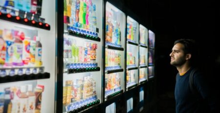 A man’s face lit up by a vending machine.