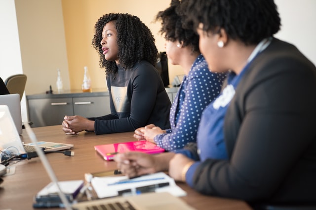 A woman speaks at a conference table while others listen.