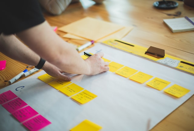 An individual puts sticky notes with strategies on a whiteboard.