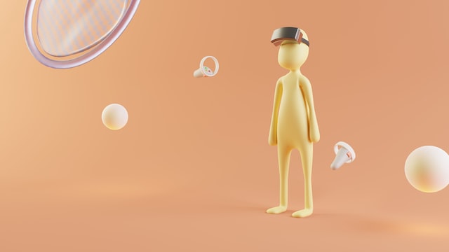An avatar looks around an orange digital world with bubbles.