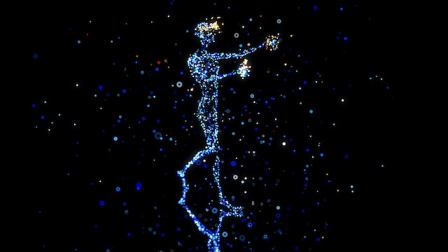 Lights gather on a black screen to make the form of a human.