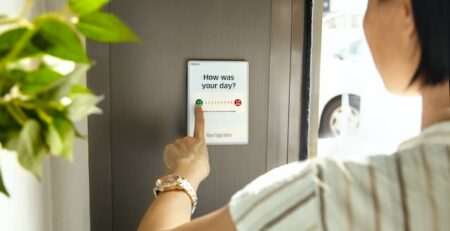 A woman rates her experience via a panel with buttons. 