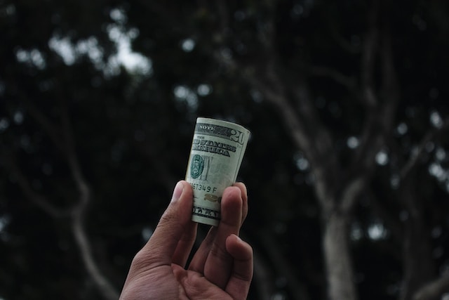 A hand holds a rolled up $20 bill against a blurred background. 