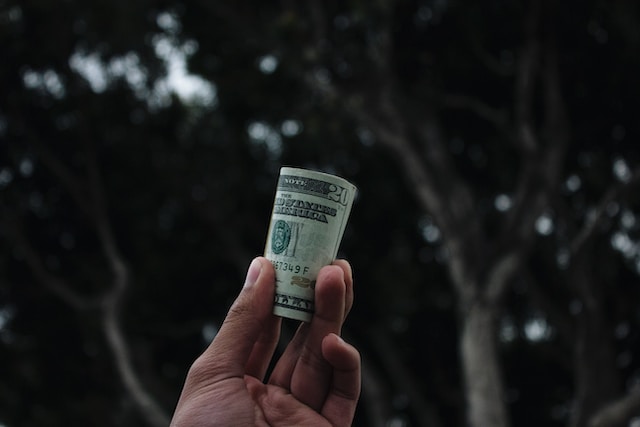 A hand holds a rolled up $20 bill against a blurred background.