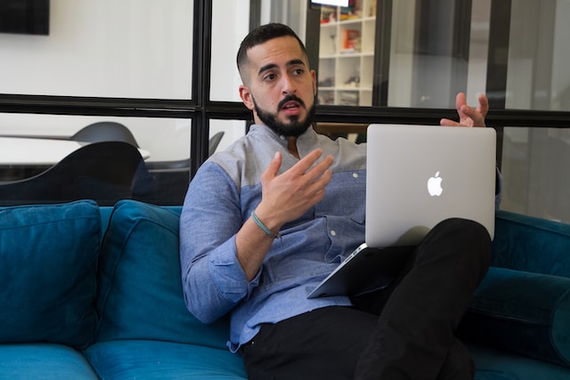 A job candidate on a couch.