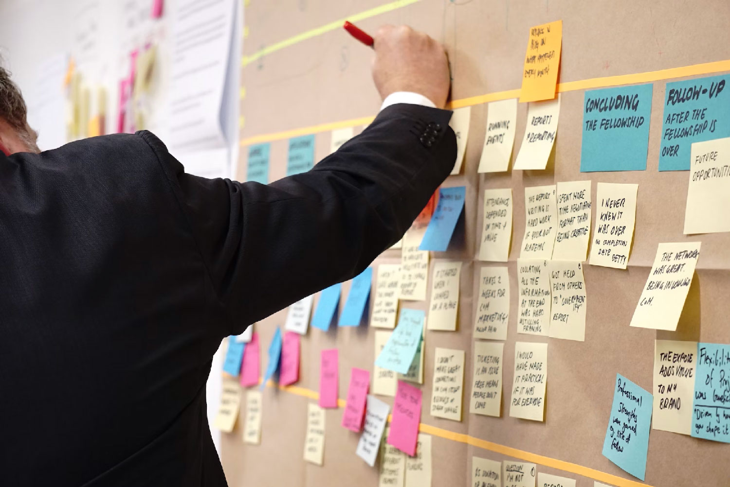 A man writes on sticky notes in an office.